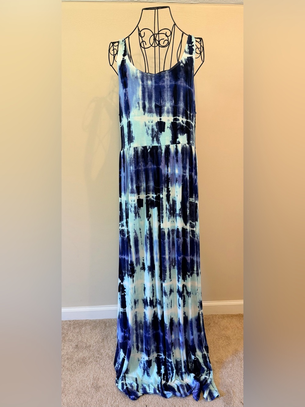 SO Blue/White Boho Tie Dye Sleeveless Scoop Neck Maxi Dress Size XL Pullover